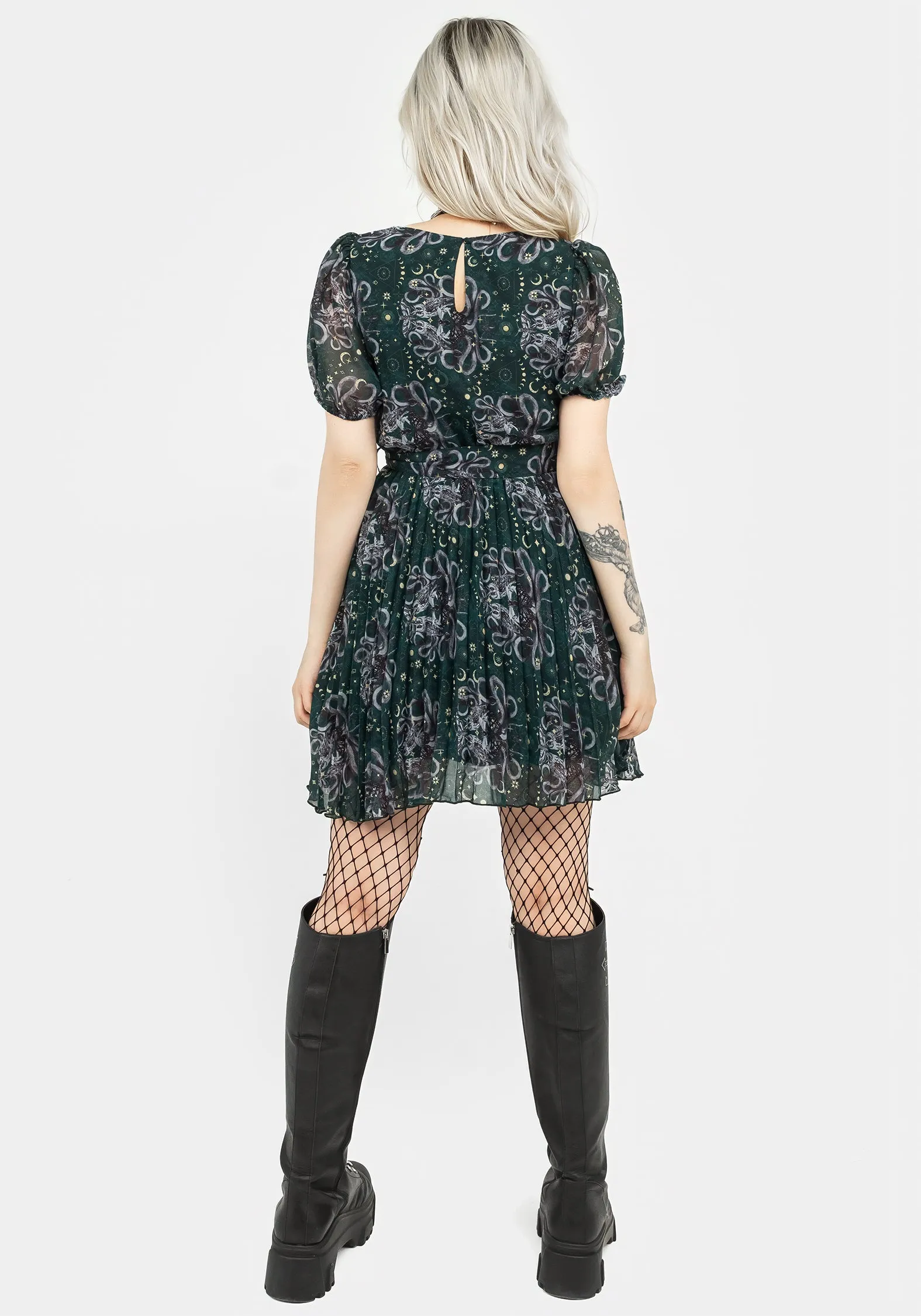 Glow Edge Cailleach Puff Sleeve Pleated Mini Dress