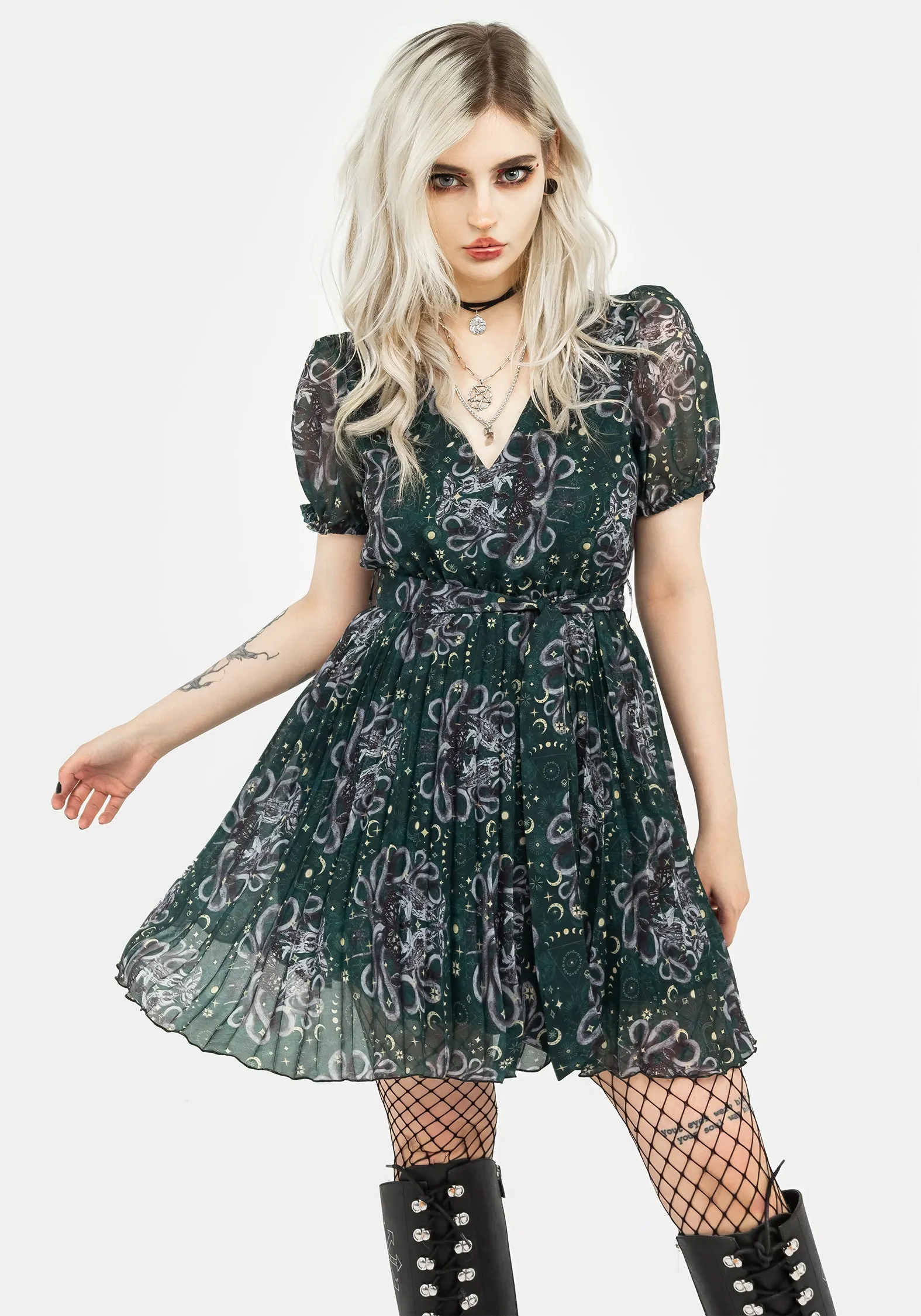 Edge Shine Shine Warm Cailleach Puff Sleeve Pleated Mini Dress