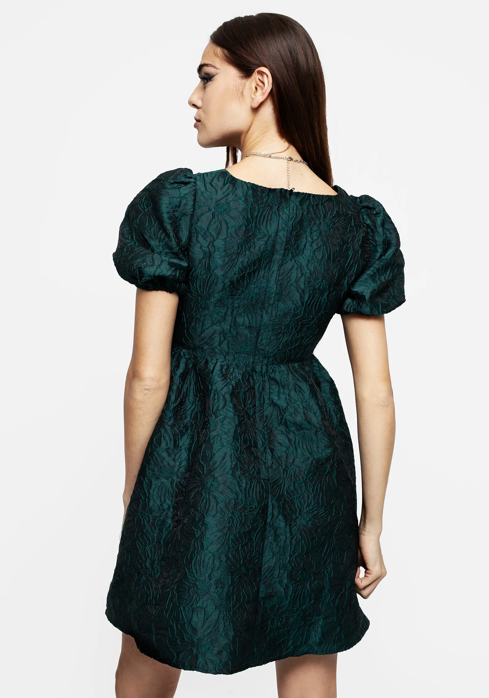 Stage Light Chic Spirit Tiffany Jacquard Puff Sleeve Mini Dress - Green