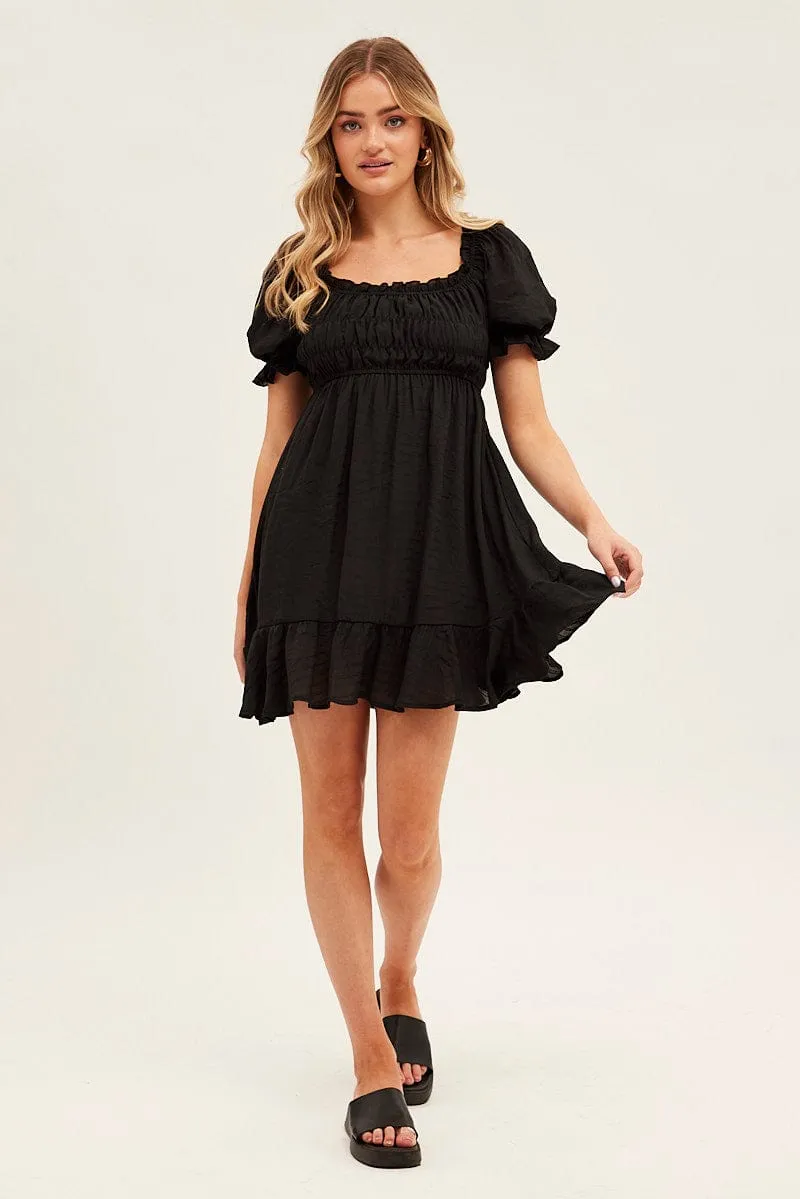 Black Gathered Bust Skater Dress Linen Soul Reflective accents