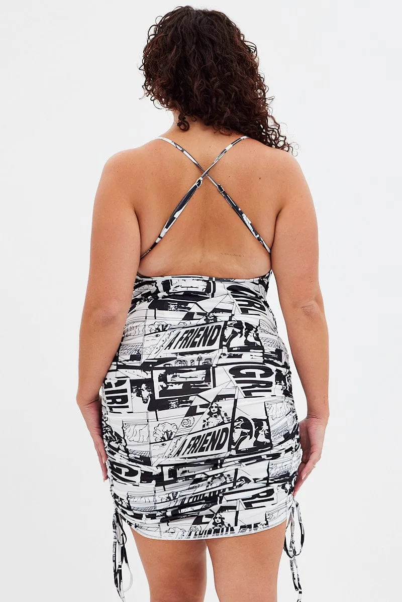 Vibrant Look Flash Mode Multi Abstract Mini Dress Ruched Side Newsprint Cross Back