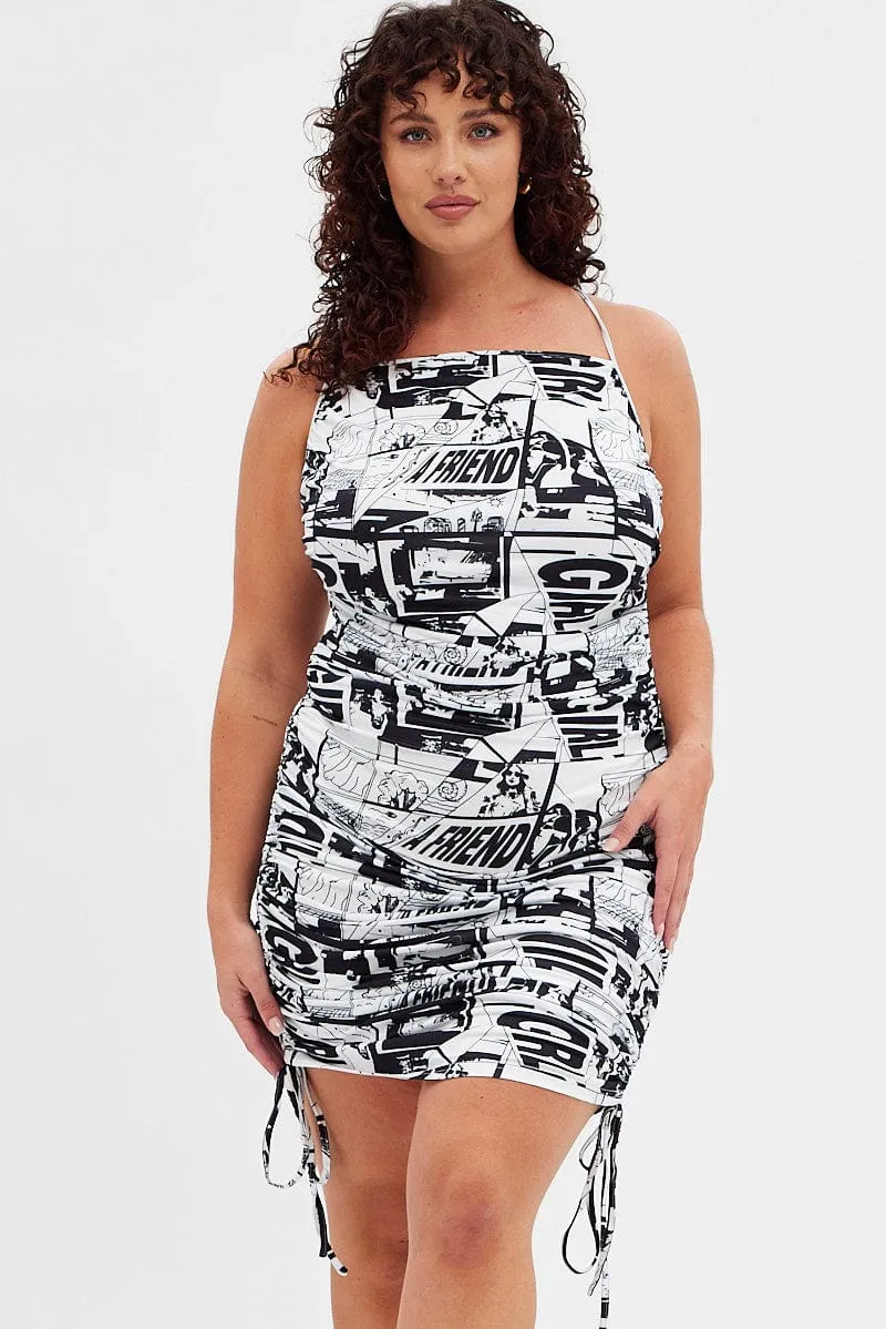 Show Time Relaxed mini for warm days Multi Abstract Mini Dress Ruched Side Newsprint Cross Back