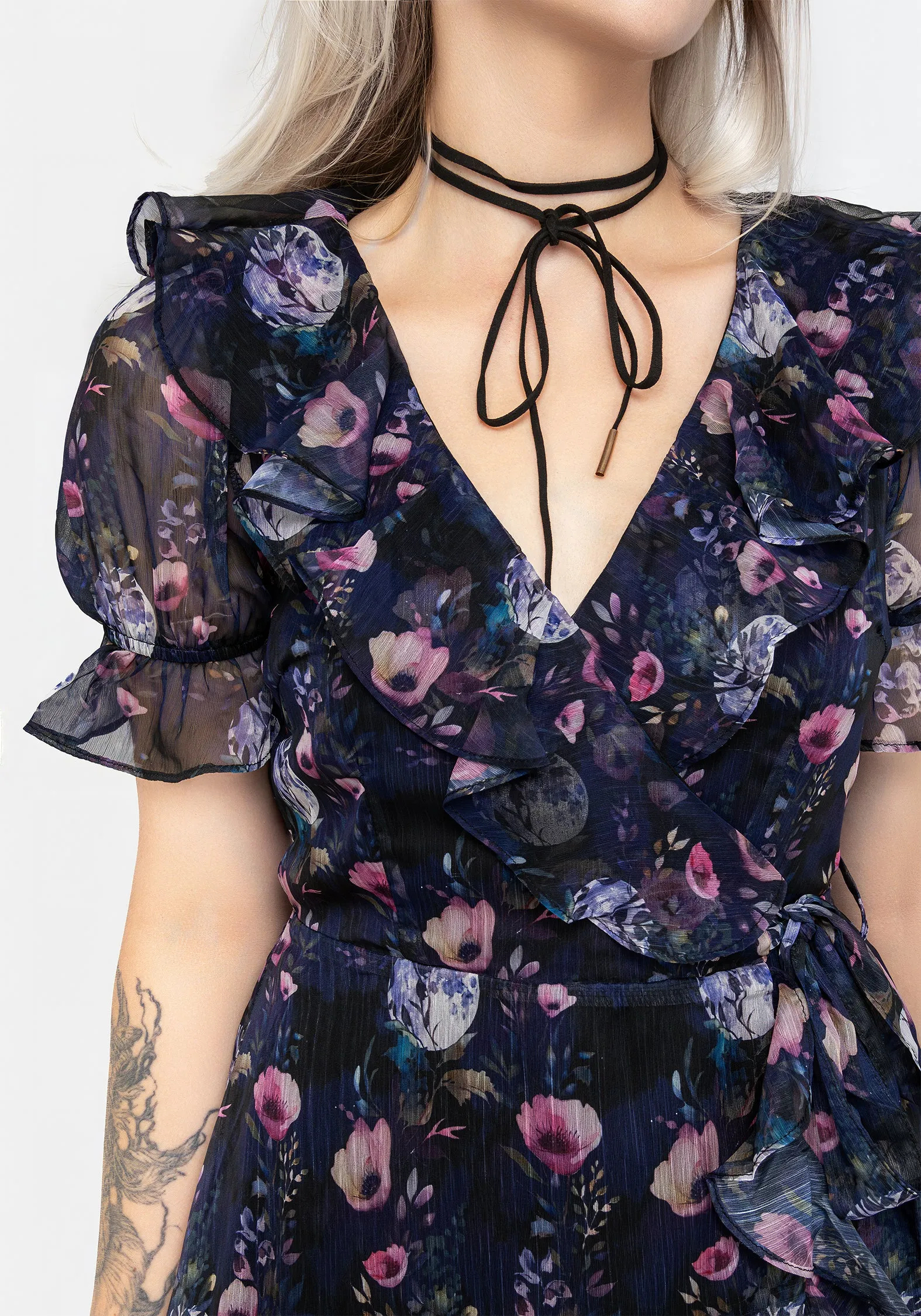 City Pop Socordia Floral Moon Chiffon Frill Wrap Mini Dress