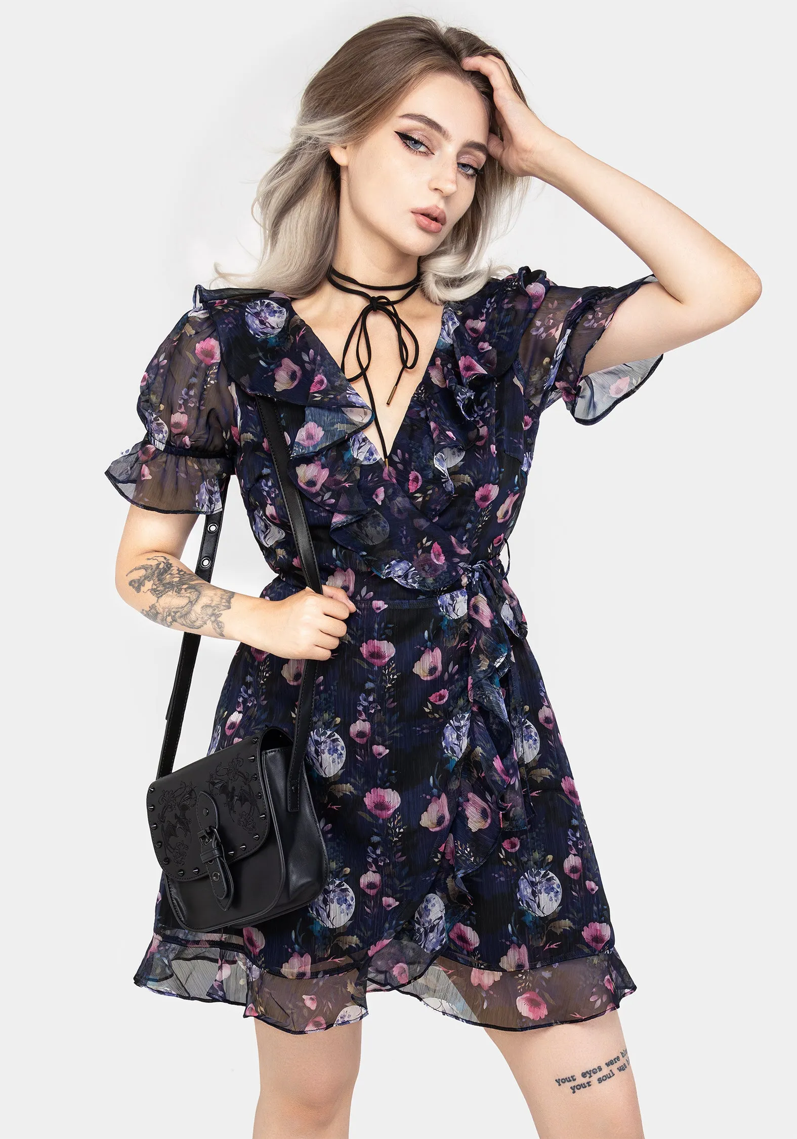 Comfort Look Scene Pop Socordia Floral Moon Chiffon Frill Wrap Mini Dress