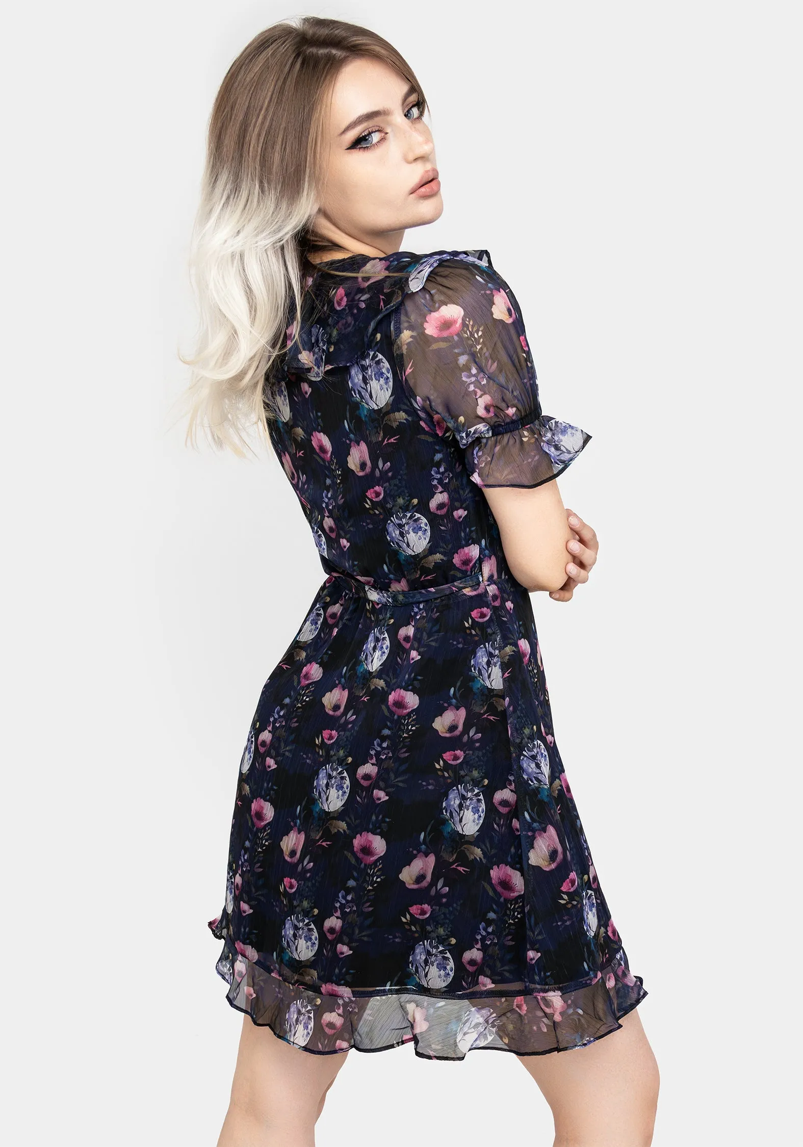 Socordia Floral Moon Chiffon Frill Wrap Mini Dress Floral Prints Wear