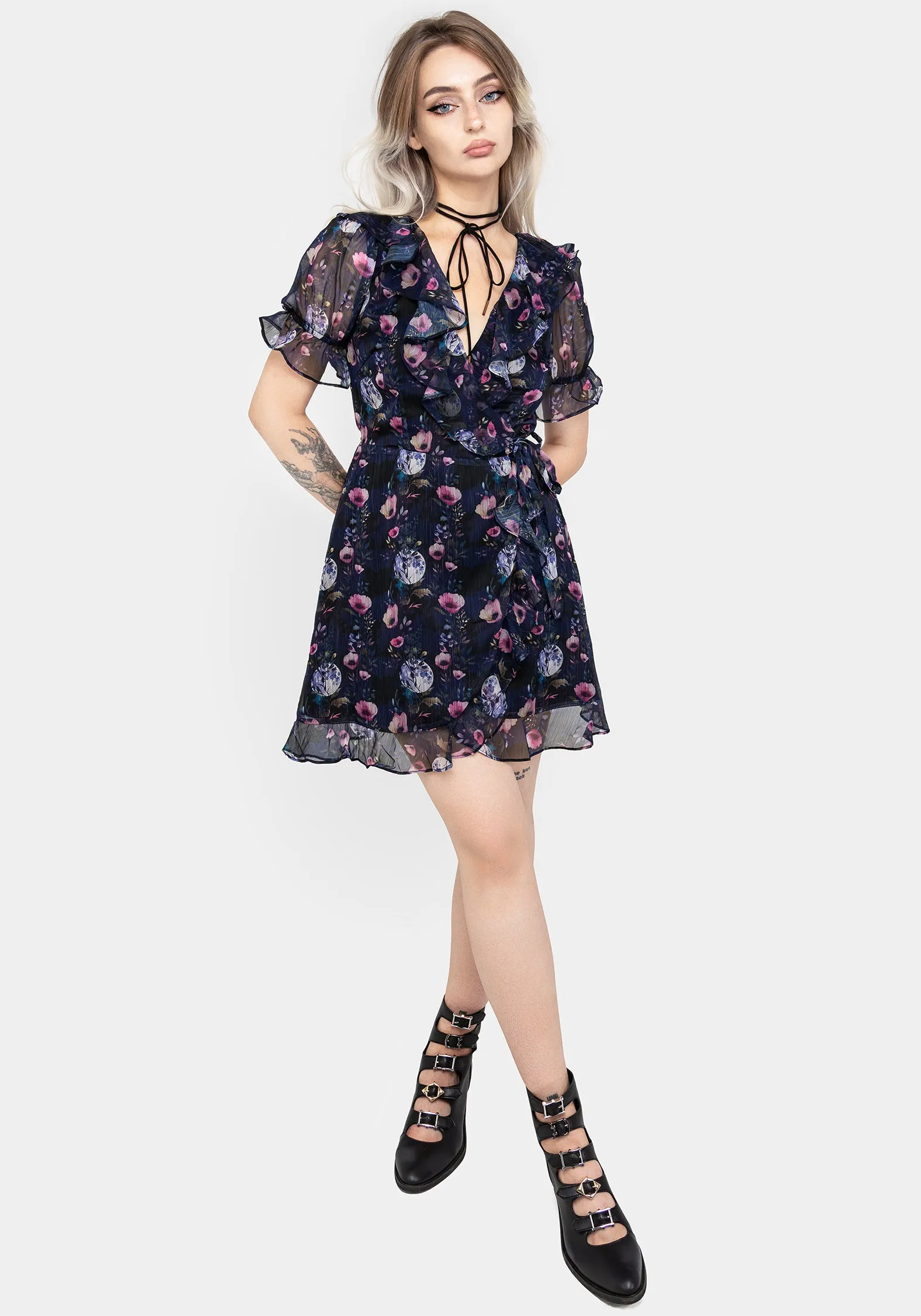 Style Fresh Socordia Floral Moon Chiffon Frill Wrap Mini Dress