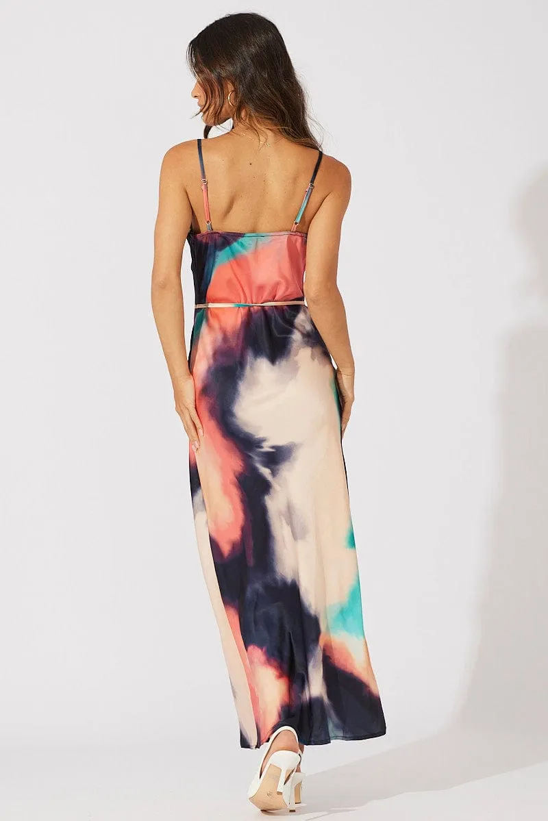 Multi Abstract Maxi Dress Cowl Neck Satin The flattering cut of this dress creates a polished appearance without being overly fussy