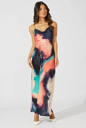 Multi Abstract Maxi Dress Cowl Neck Satin Maple View Fantasy Touch