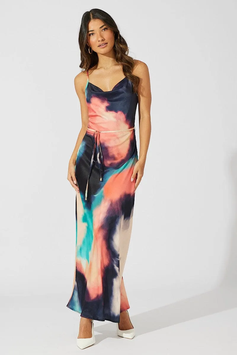 Travel Easy Multi Abstract Maxi Dress Cowl Neck Satin