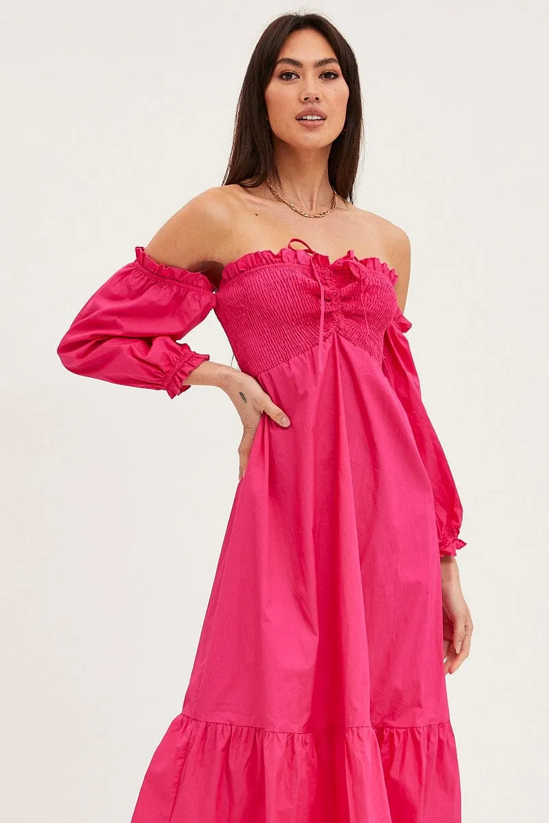 Milky Glow Sheer Layer Pink Dress Off Shoulder Maxi