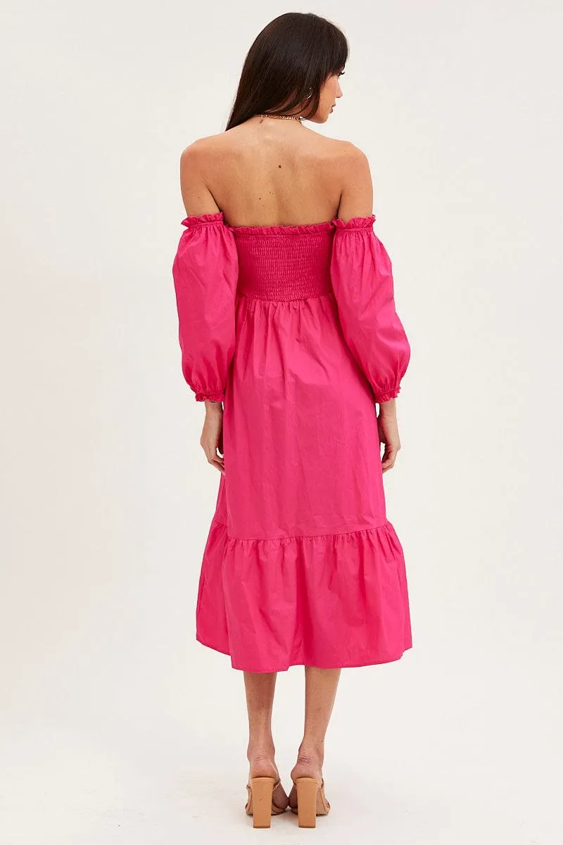 Coral Pop Pink Dress Off Shoulder Maxi