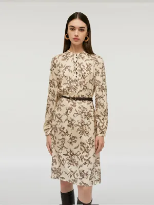 Classic outdoor midi 19 Momme Mulberry Silk Round Neck Print Women Midi Dress With Belt