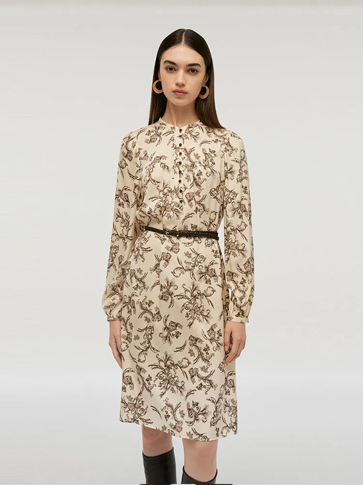 Cozy Elegance Any Season 19 Momme Mulberry Silk Round Neck Print Women Midi Dress With Belt