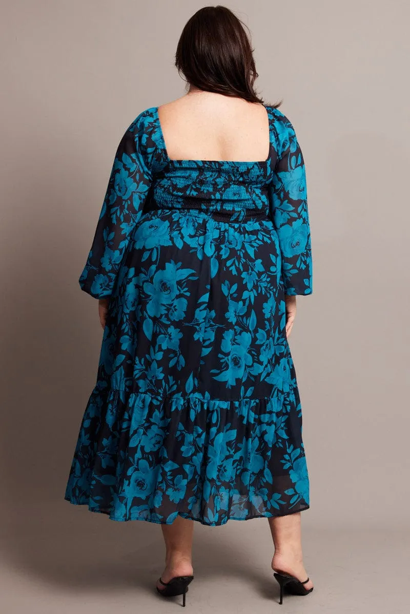 Black Floral Midi Dress Long Sleeve Ruched Front Earth Smell Cloud Sea