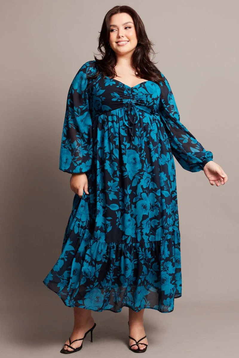 Black Floral Midi Dress Long Sleeve Ruched Front Stylish options Flattering Fashion