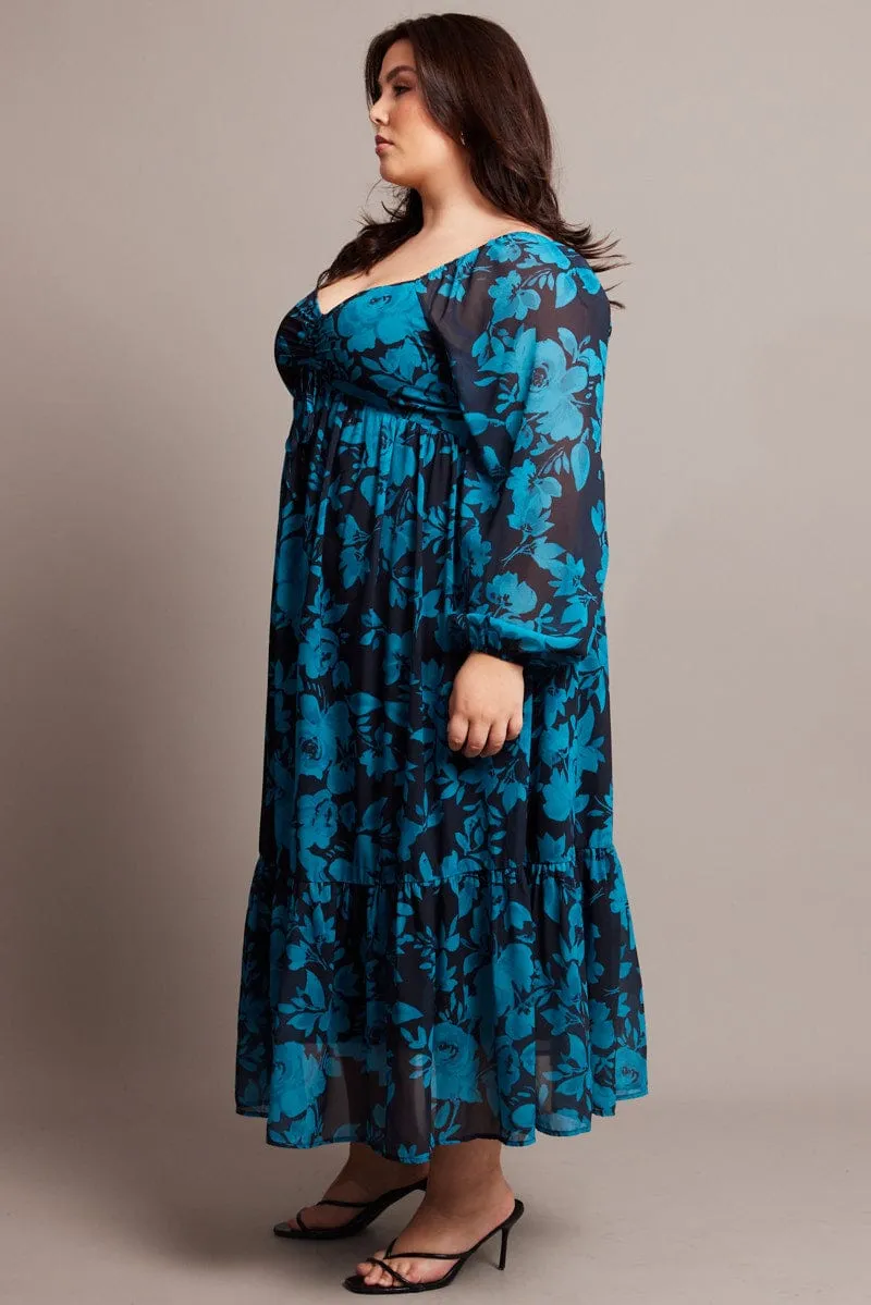 Practical travel midi Black Floral Midi Dress Long Sleeve Ruched Front