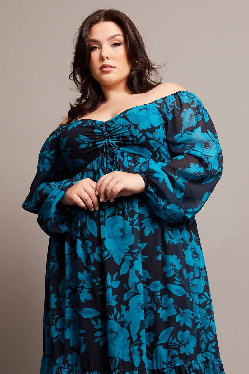 Black Floral Midi Dress Long Sleeve Ruched Front Quick Change