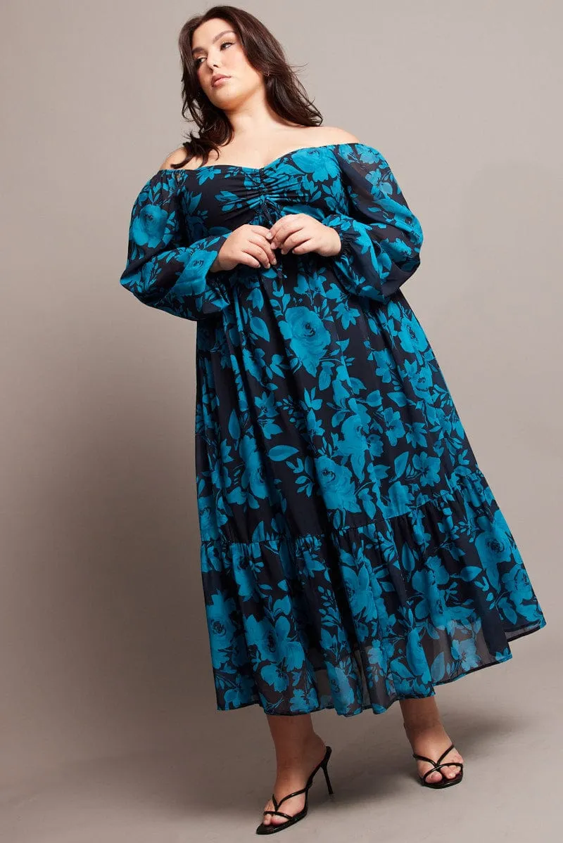 Modern Wardrobe Chiffon Air Black Floral Midi Dress Long Sleeve Ruched Front
