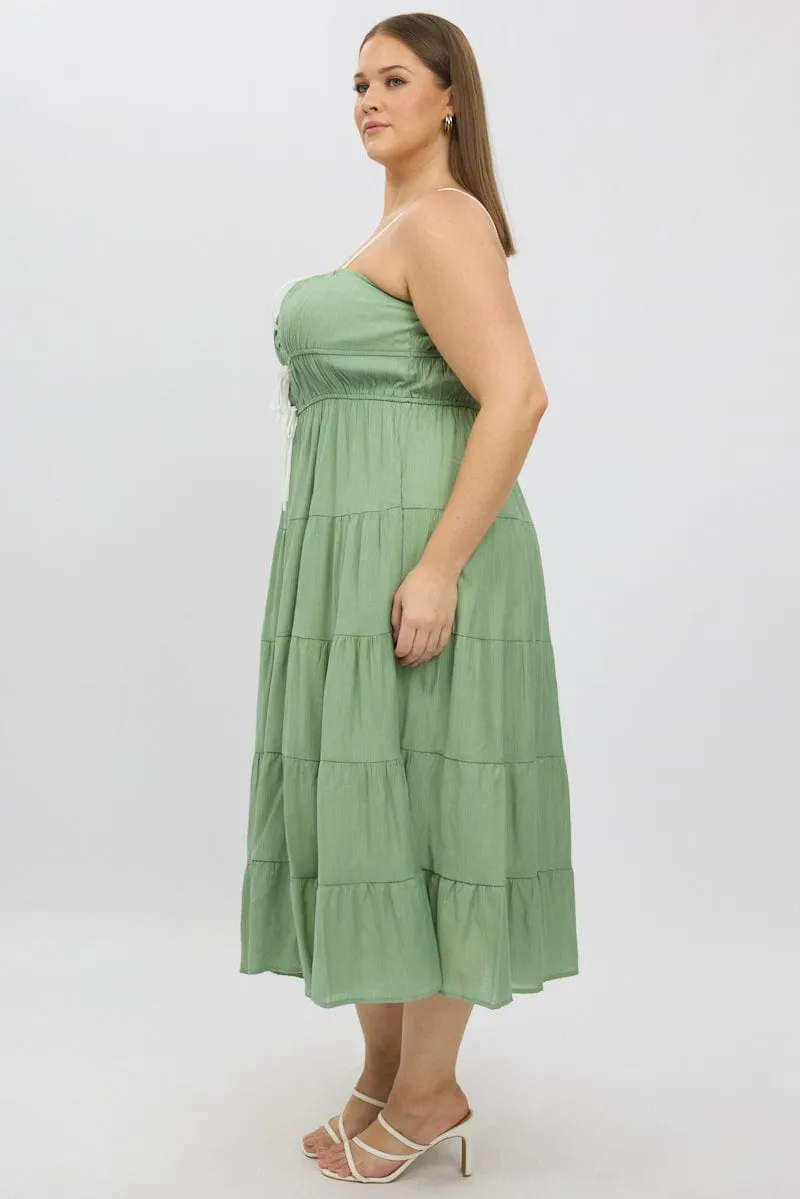 Summer Picnic Coastal Path Green Midi Dress Sleeveless Contrast Ribbon
