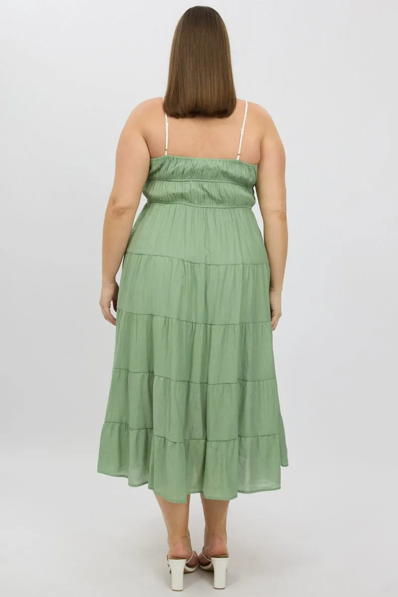 slow life Film Night Green Midi Dress Sleeveless Contrast Ribbon