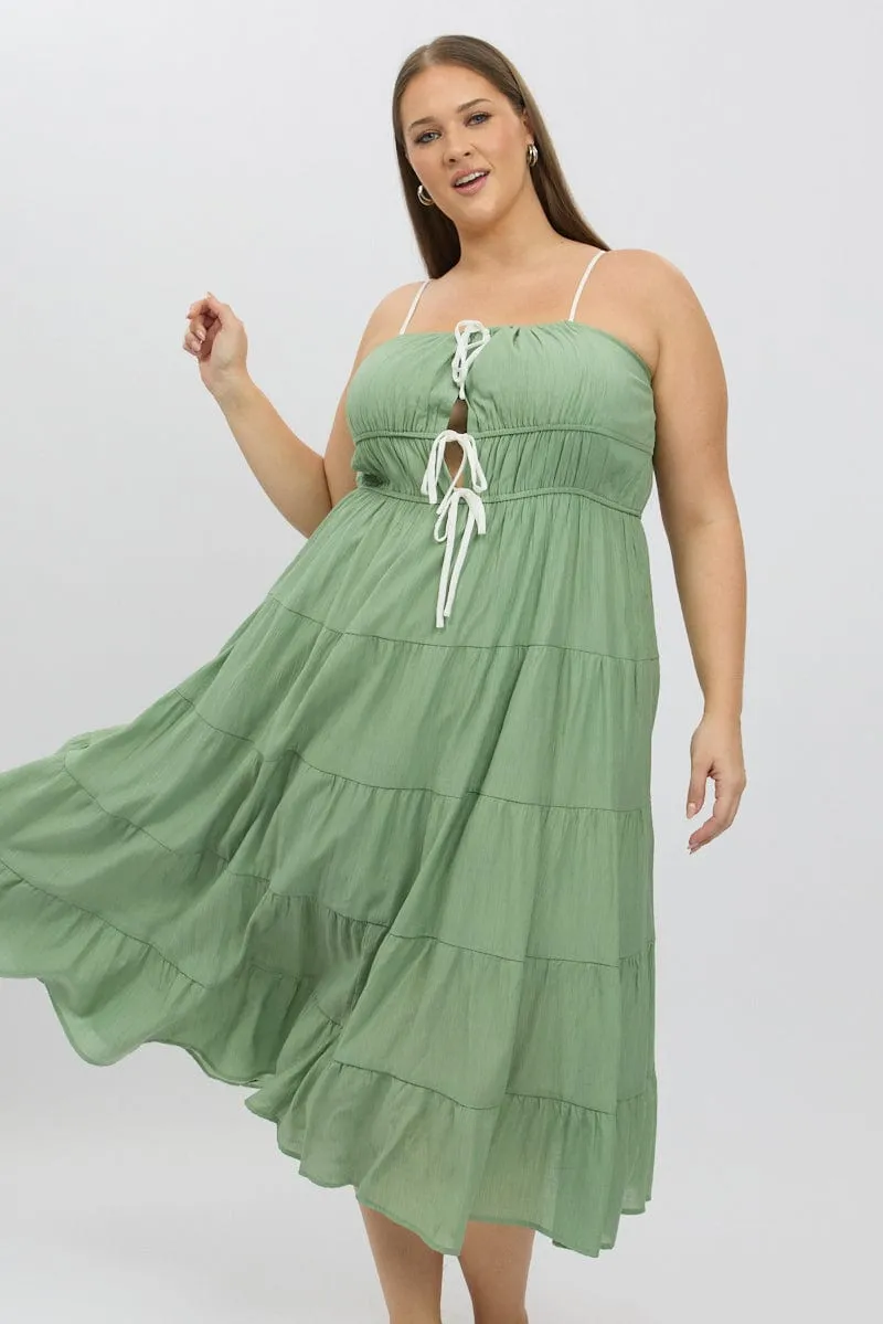 Green Midi Dress Sleeveless Contrast Ribbon Street Minimal
