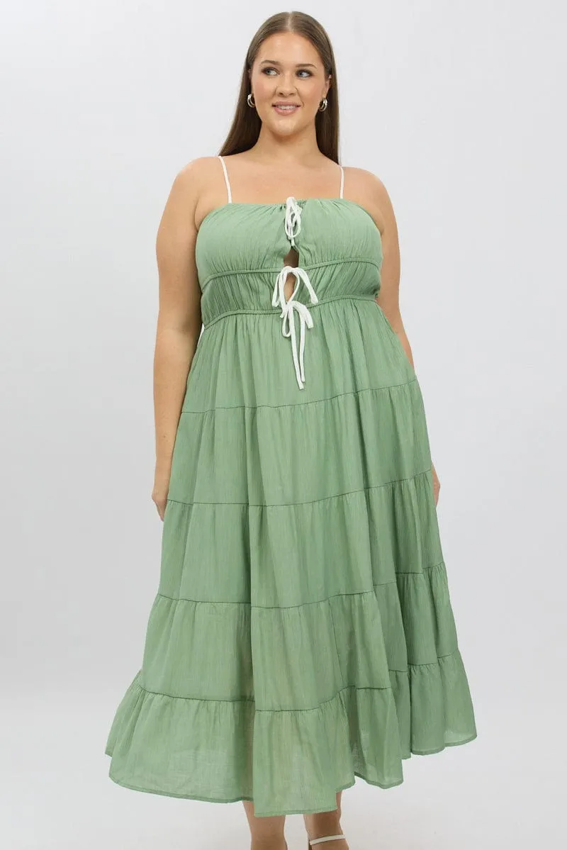 Green Midi Dress Sleeveless Contrast Ribbon Chic Traveler