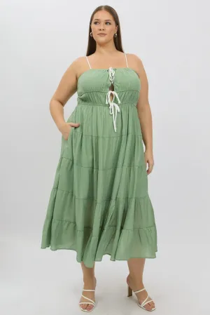 Green Midi Dress Sleeveless Contrast Ribbon Wearable Art Wave Touch