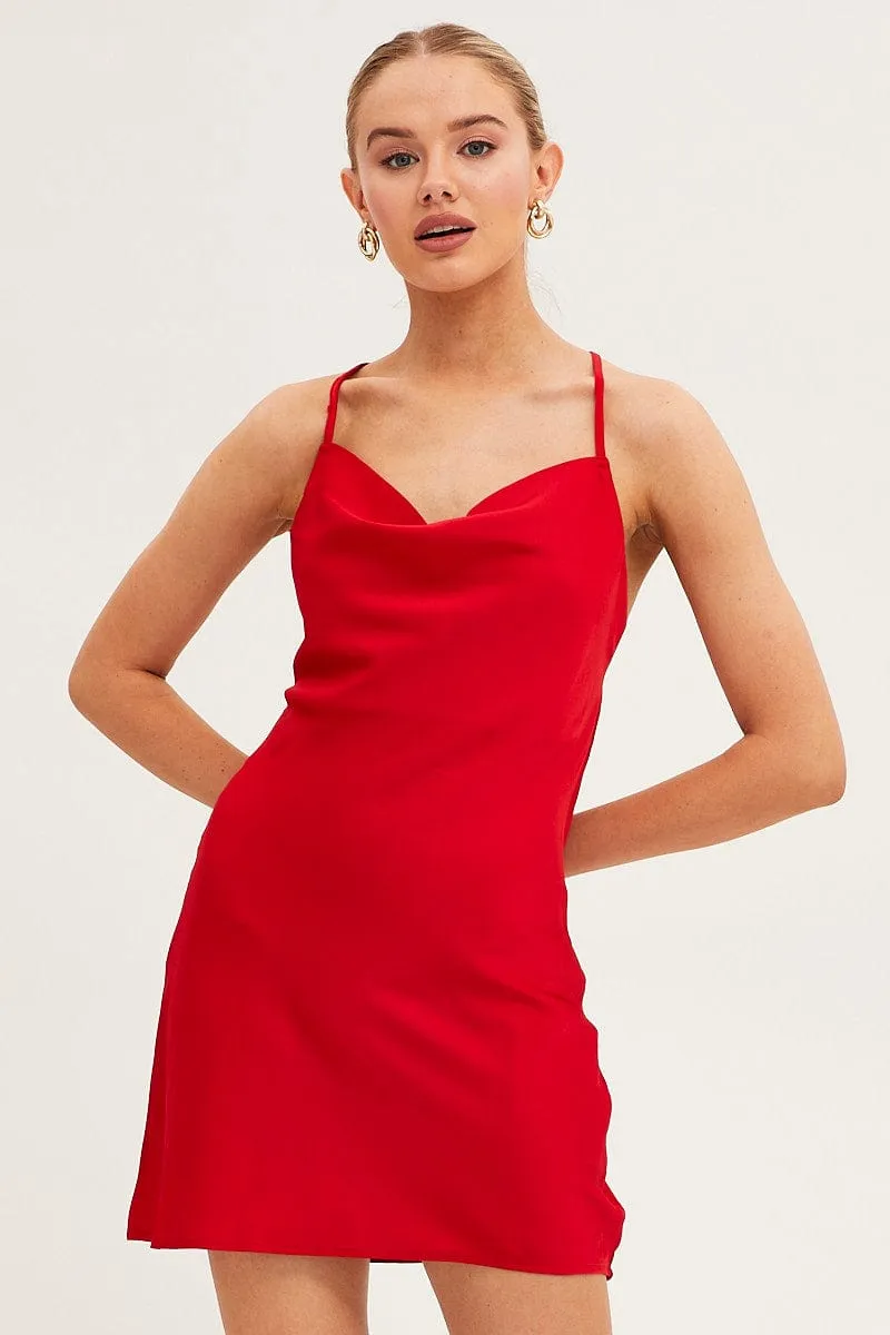 Stage Rush Red Slip Dress Mini Sleeveless Cowl Satin