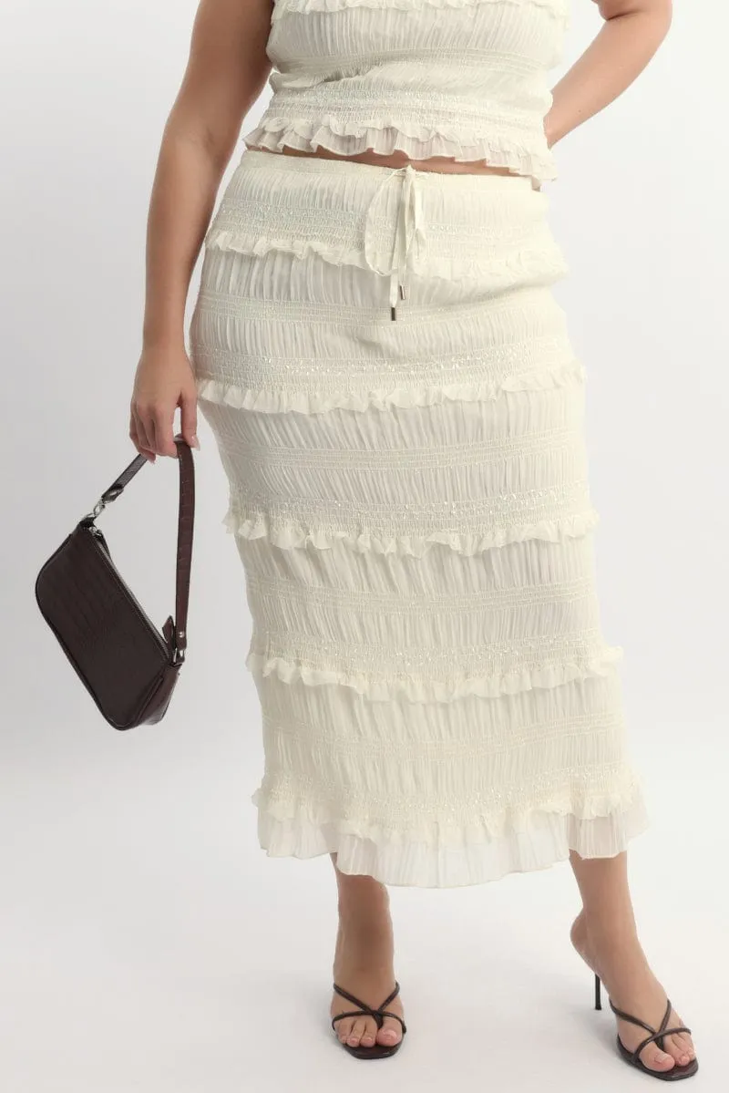 Beige Frill Maxiskirt Elasticized Hem Retro Style