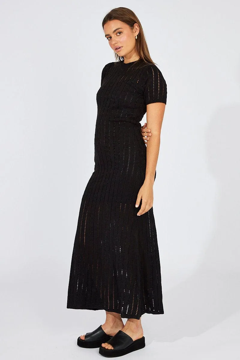 Black Knit Maxi Dress Crochet Short Sleeve Sand Path Star Glow