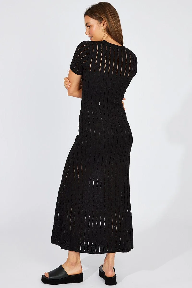 Platinum Glow With a flowy skirt and a structured top this maxi dress offers a perfect balance of comfort and style Black Knit Maxi Dress Crochet Short Sleeve