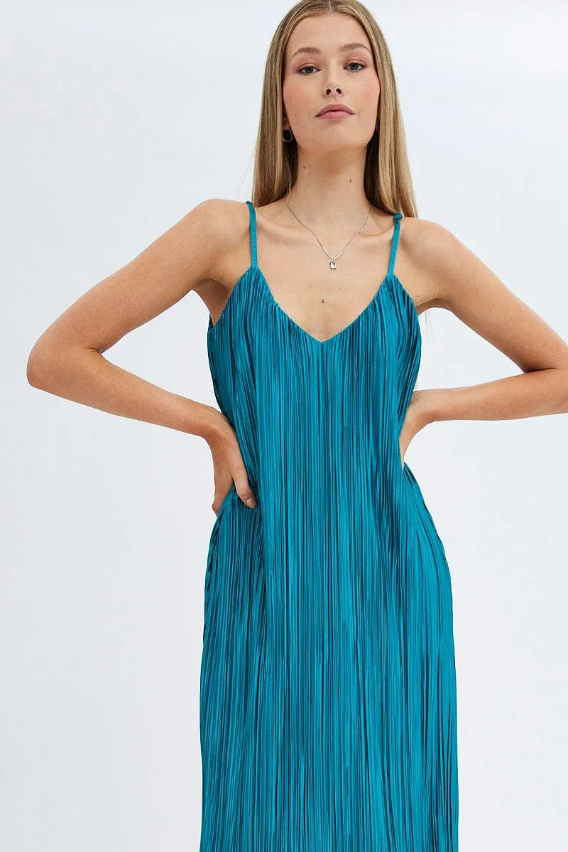 Green Maxi Dress Sleeveless Plisse Maple View Wool Soft