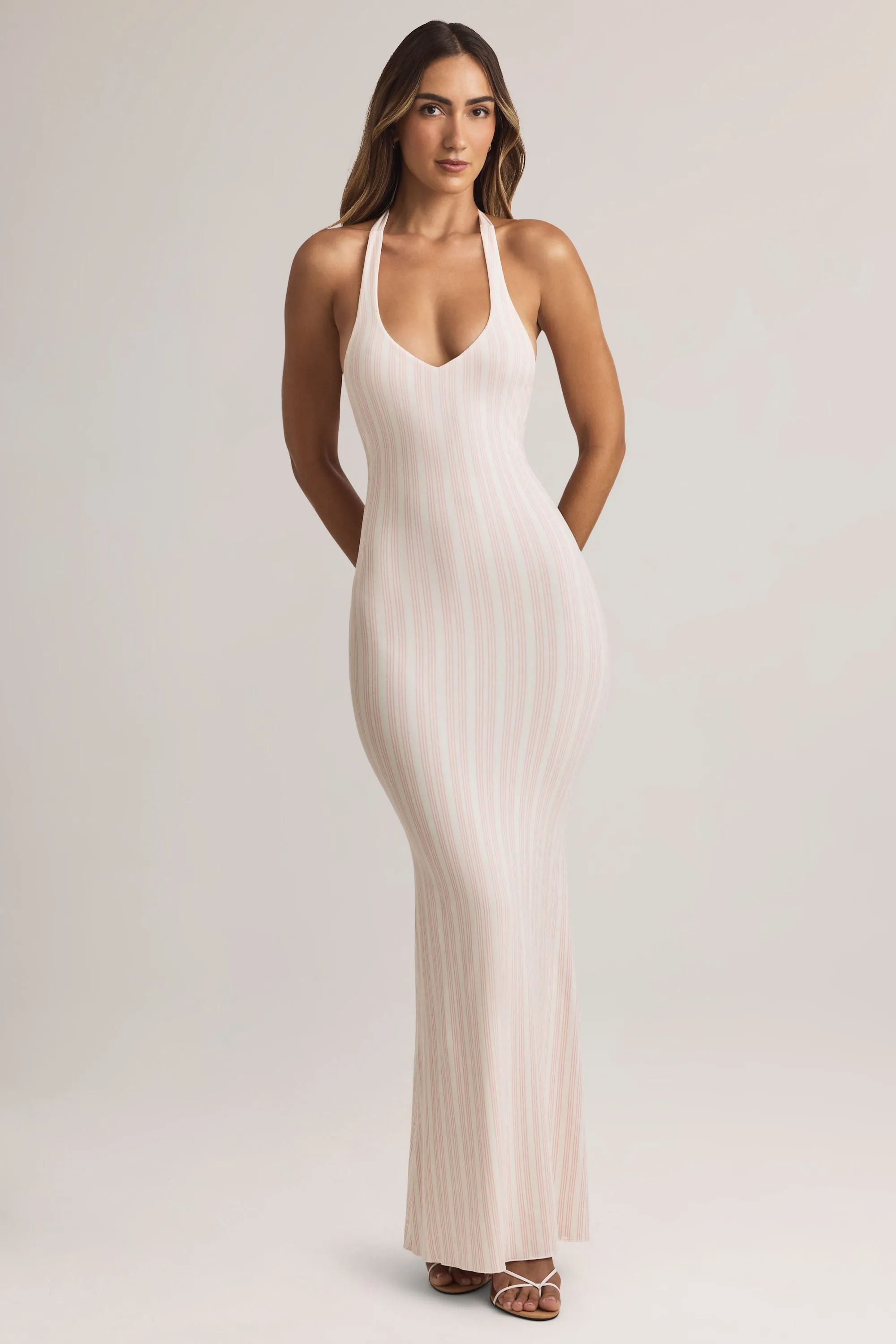 Modal Halterneck Maxi Dress in Stripe Print Versatile maxi with accessories Garnet Glow