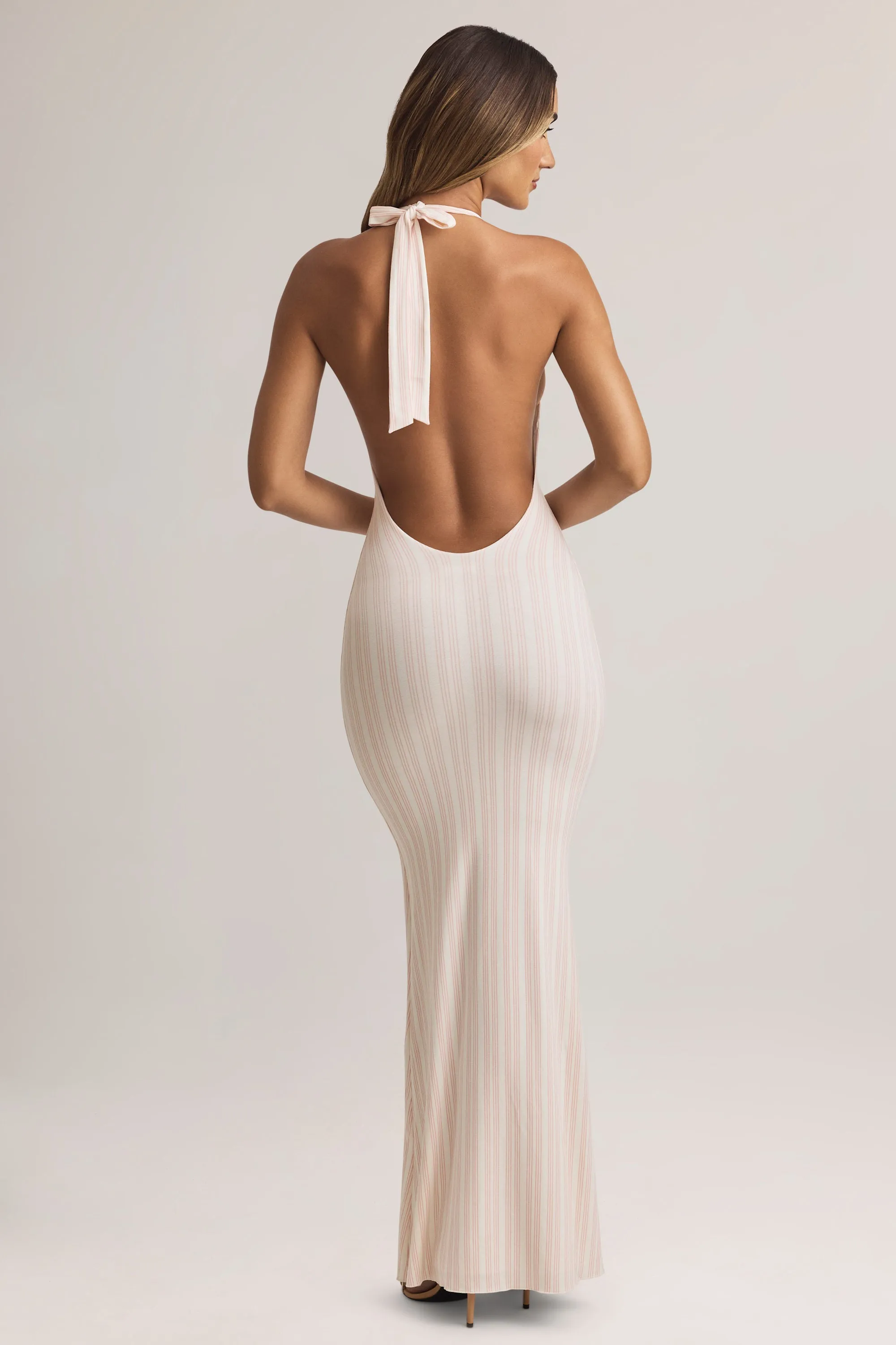 Modal Halterneck Maxi Dress in Stripe Print Peach Soft Comfortable night dress