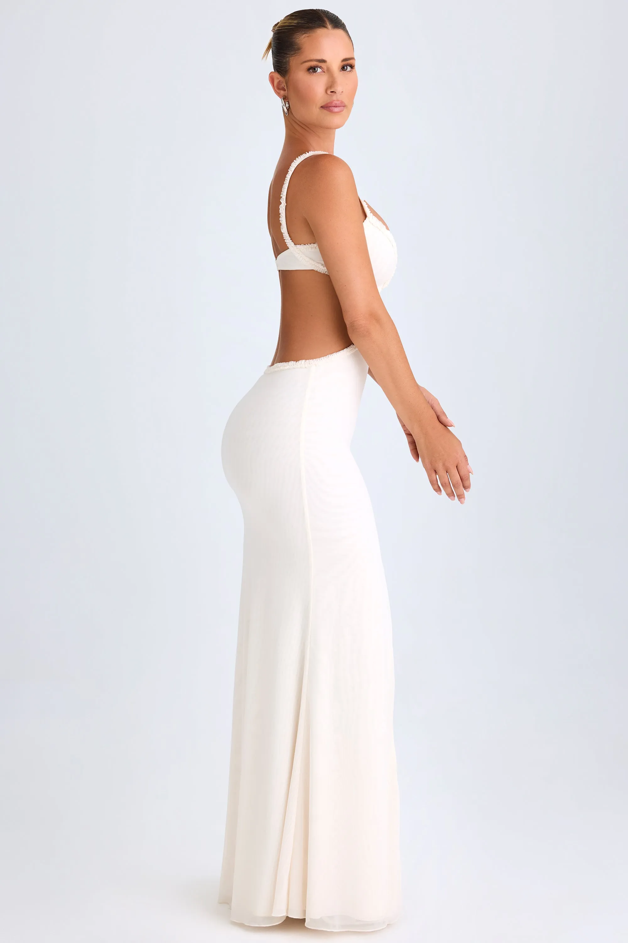Weekend Escape Leather Soft Ruffle-Appliqu?? Cut-Out Maxi Dress in White