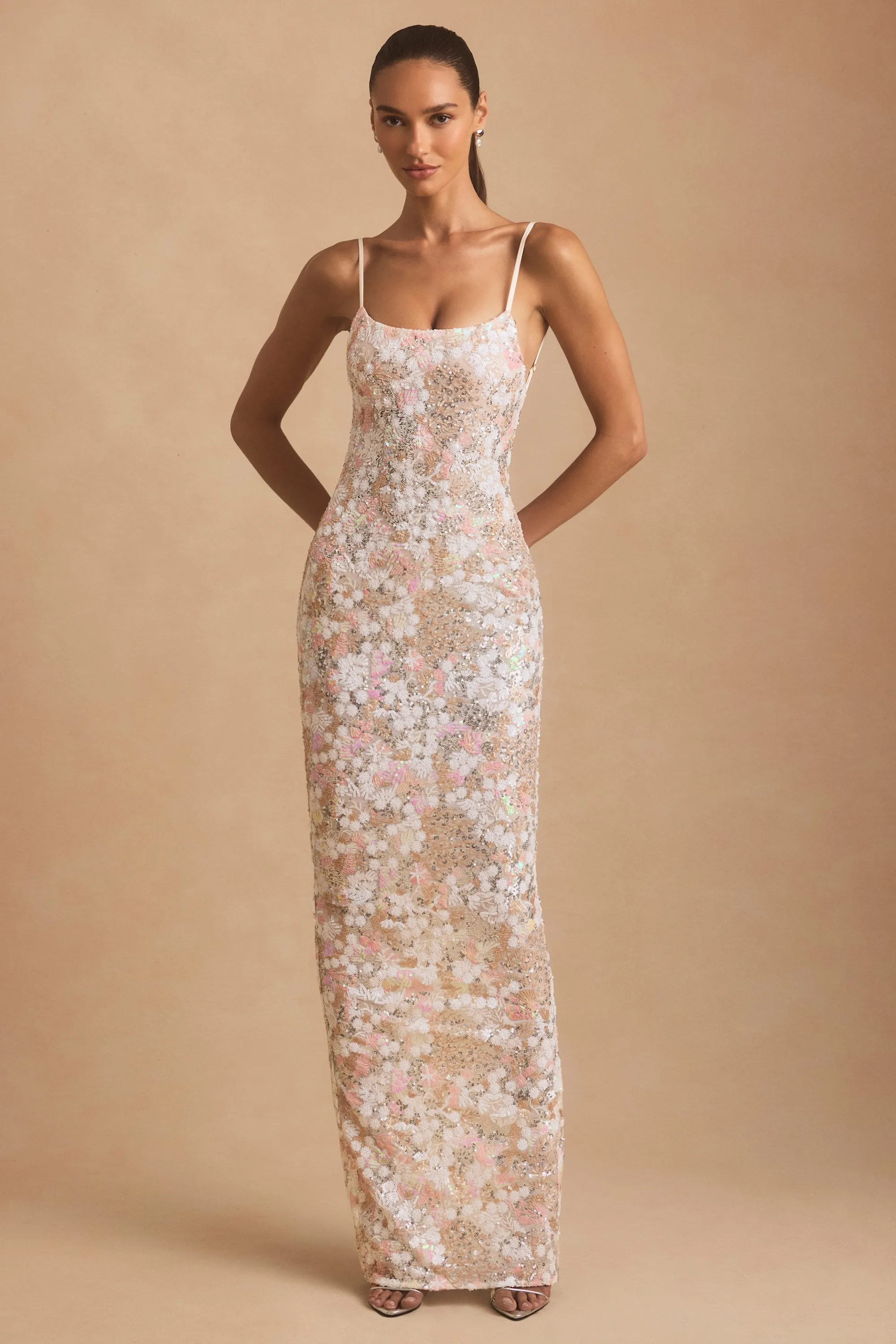 Embellished Scoop-Neck Backless Maxi Dress in Ivory Desert Light Belt Tie