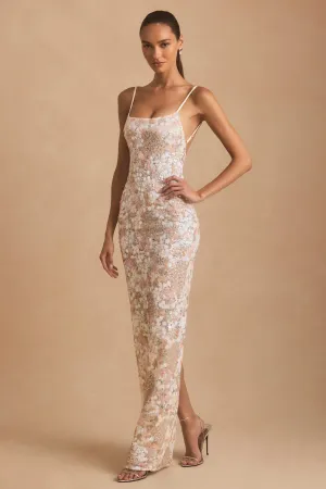 Embellished Scoop-Neck Backless Maxi Dress in Ivory Sunset Peak