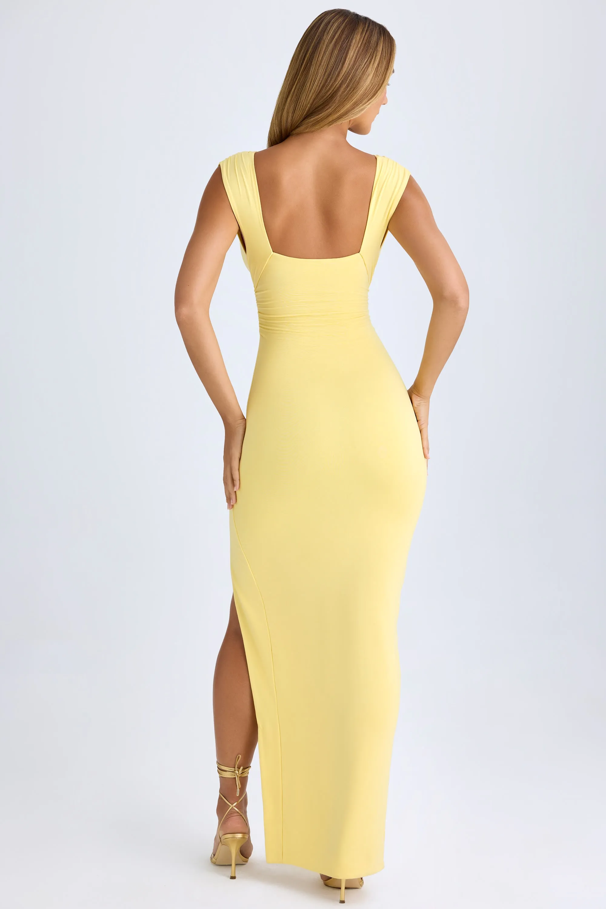 High Split Plunge Neck Maxi Dress in Lemon Sherbet Candle Hour Paper Glow