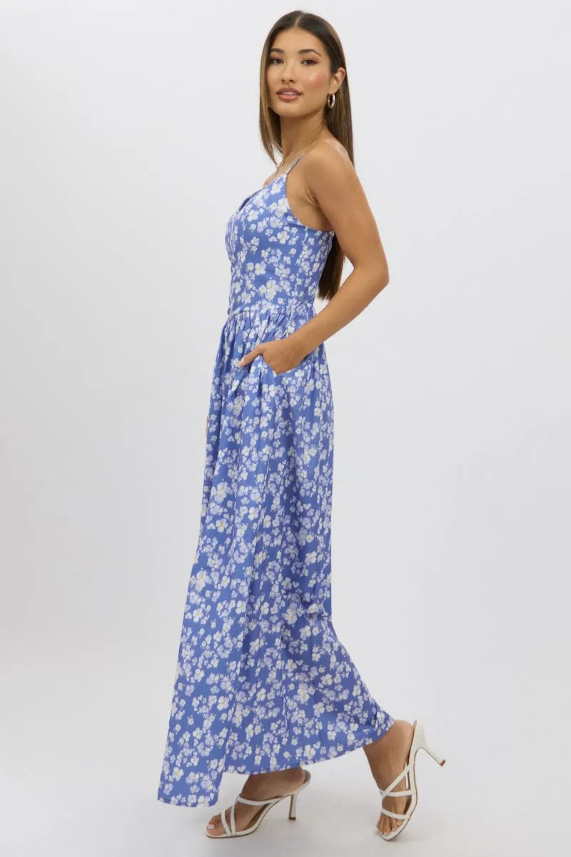 Blue Ditsy Maxi Dress V-Neck Boho chic