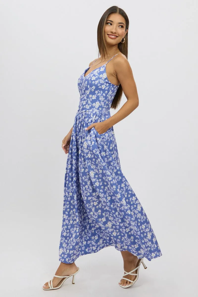 Heroine Mood Blue Ditsy Maxi Dress V-Neck