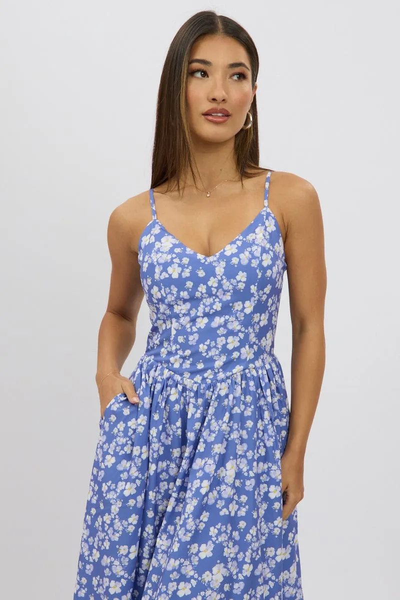 Blue Ditsy Maxi Dress V-Neck embroidery work Marina Scene