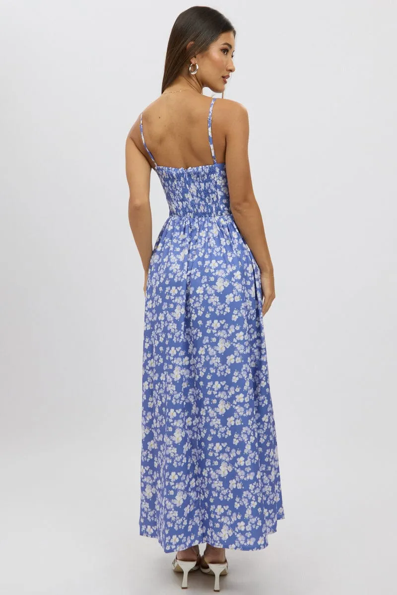 Blue Ditsy Maxi Dress V-Neck Urban Cool