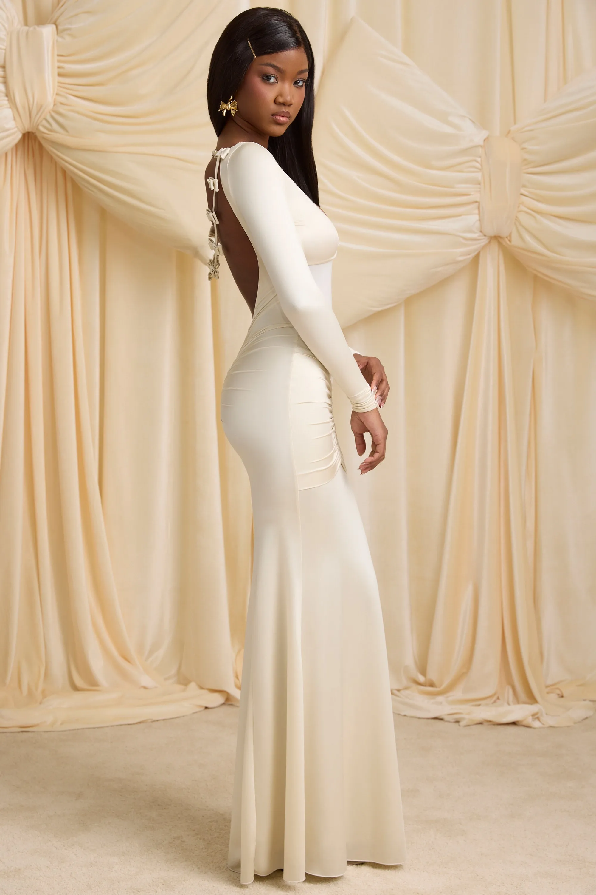 Bow-Detail Ruched Maxi Dress in Ivory White Pure
