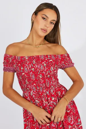 Alpine Glow Golden Hour Red Boho Maxi Dress Off Shoulder