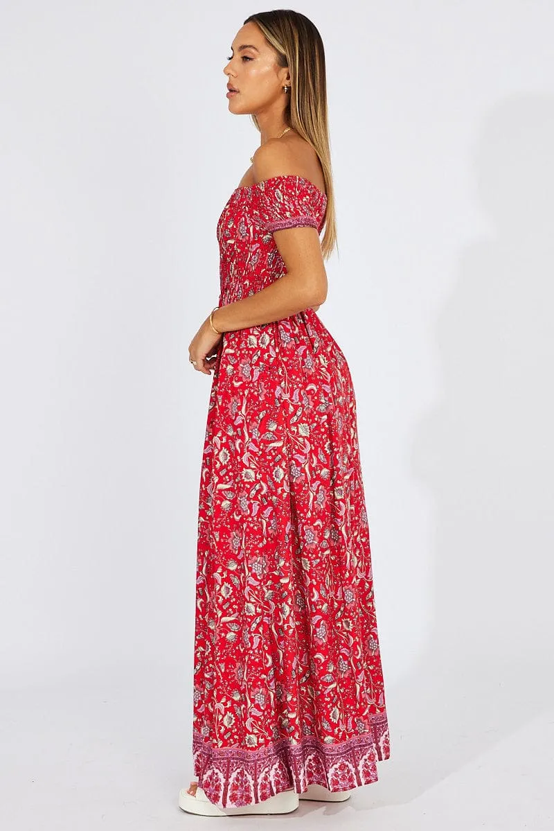 Red Boho Maxi Dress Off Shoulder Cream Tone Storm Calm