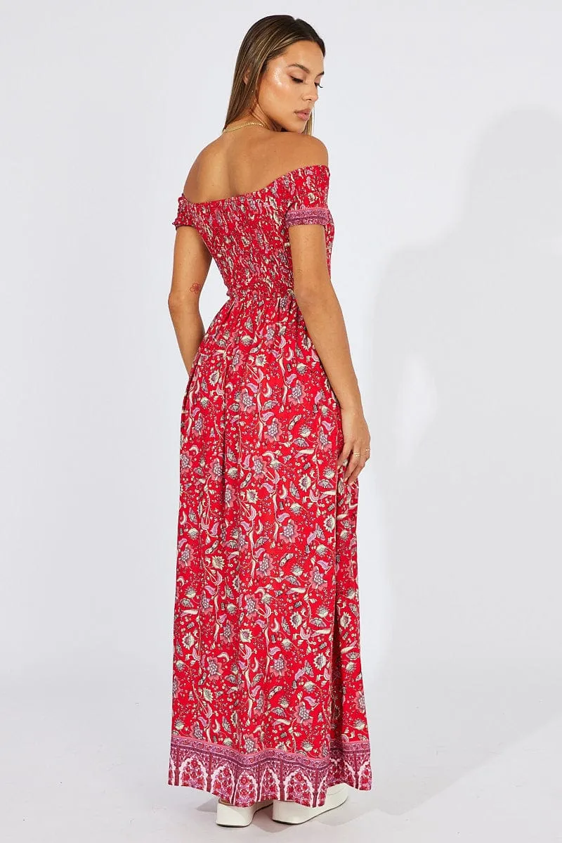 Red Boho Maxi Dress Off Shoulder Agate Glow Beach Walk