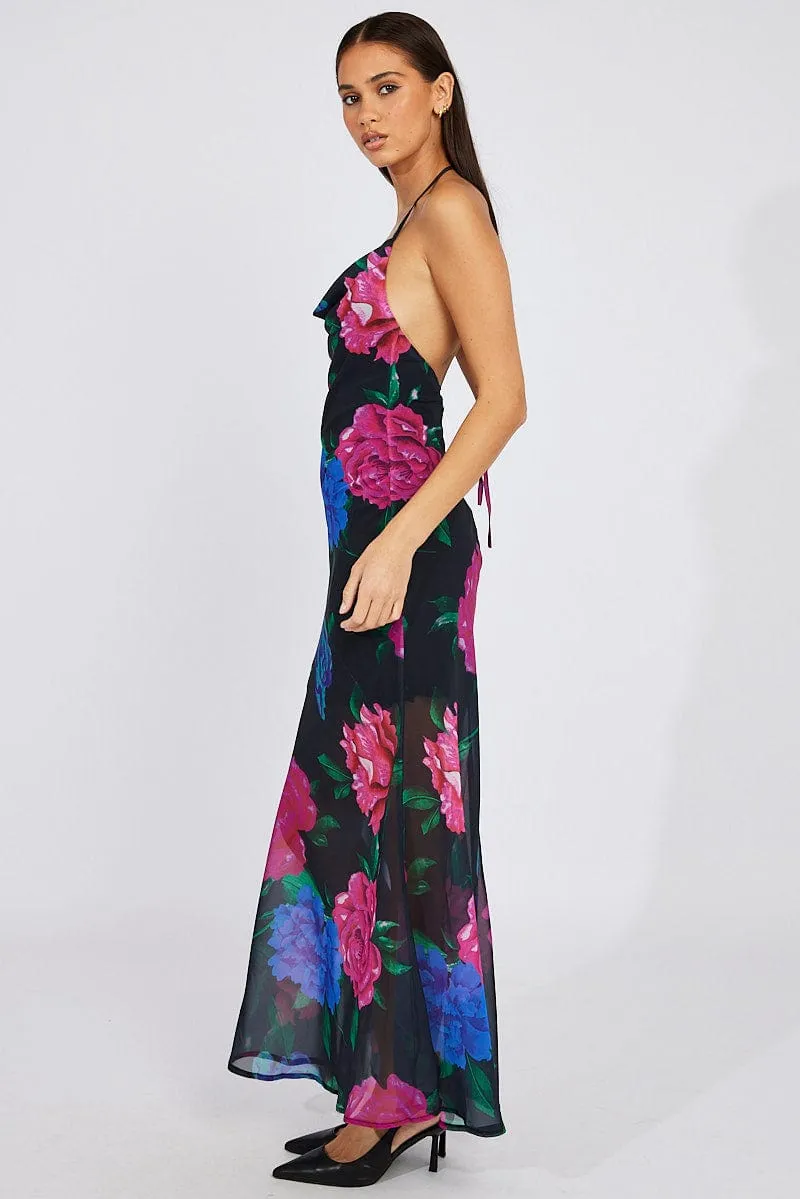 Shell Shine Starlight Sky Black Floral Bouquet Maxi Halter Neck Mermaid Maxi Dress