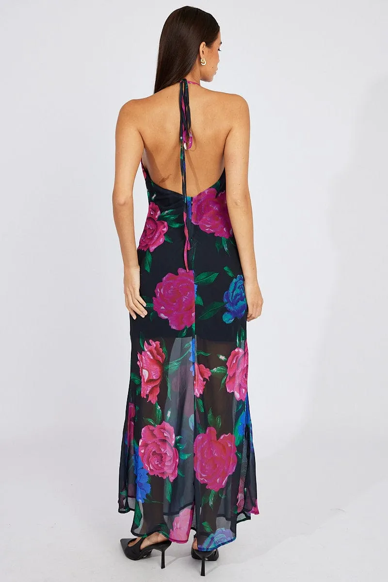 Black Floral Bouquet Maxi Halter Neck Mermaid Maxi Dress Alpine Glow Emerald Glow