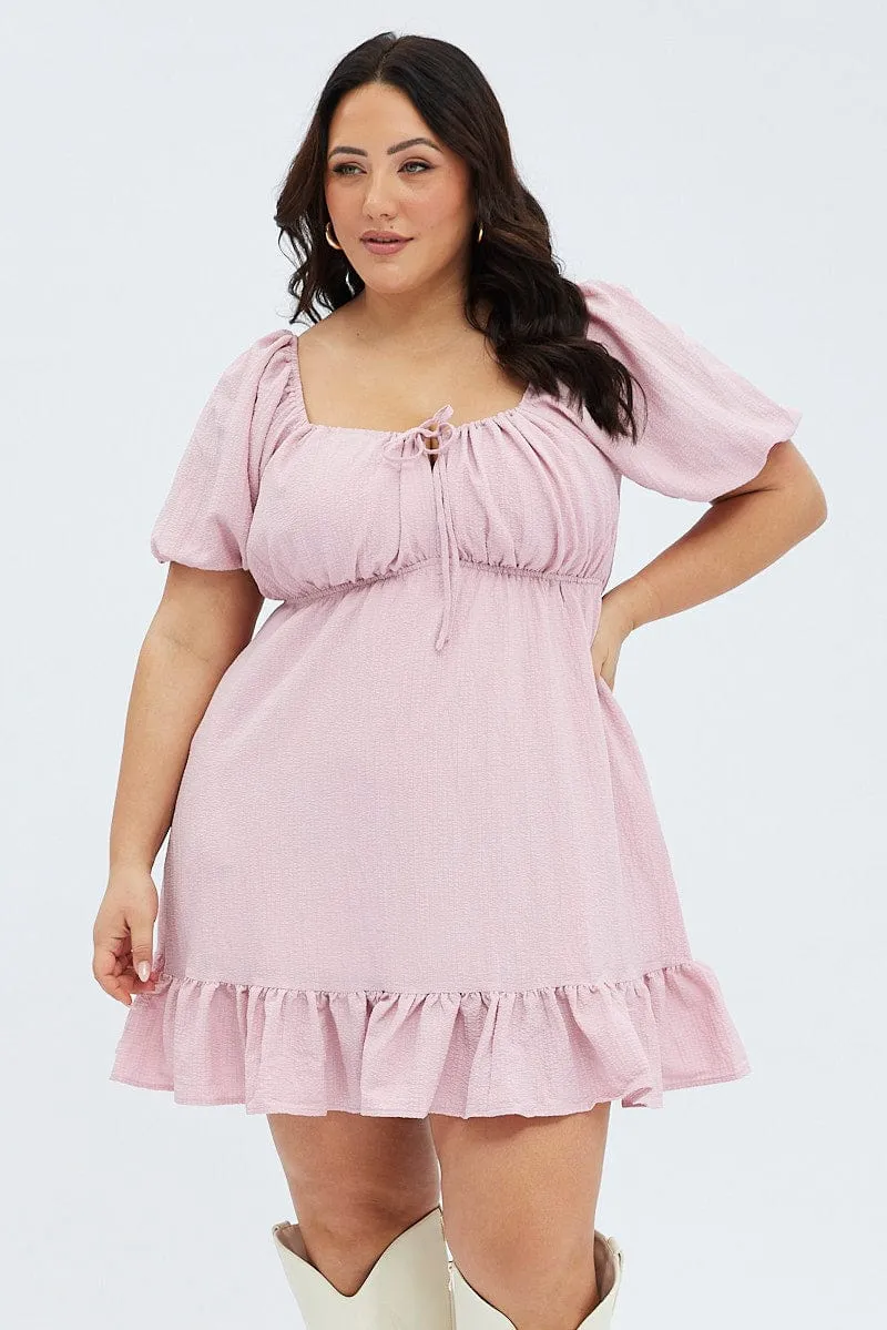 Pink Textured Mini Dress Tie Front Stylish simple short dress Cozy Wear