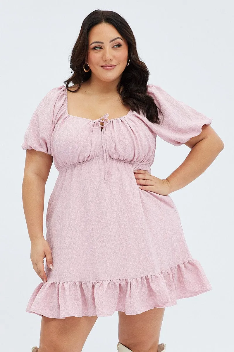 Pink Textured Mini Dress Tie Front Boho Style Day-to-evening versatile mini